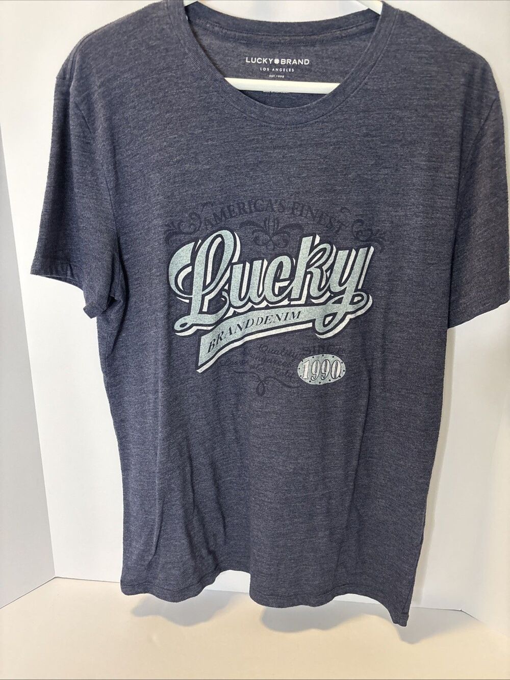 Lucky Brand T Shirt Adult Size Medium Blue Short Sleeve Graphic Spell Out